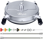 RAYNEL 18'' Pressure Washer Surface Cleaner with 4 Wheels, Stainless Steel Housing, 1/4" Quick Plug, 2 Extended Wands, 2 Replacement Nozzles and 5 Spray Nozzles