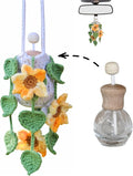 Handmade Crochet Hanging Car Air Freshener - Sunny Sunflower Design, 12ml Refillable Thick Glass Bottle, Car Diffuser for Rearview Mirror, Home & Office Cheerful Decor