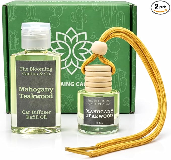 Car Air Freshener with 30ml Refill – Hanging Car Diffuser Oil, Long-Lasting Phthalate-Free Scent – Hanging Car Air Freshener + Refill. (Mahogany Teakwood, 8 ml)