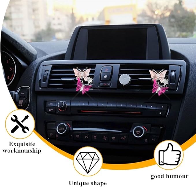 2PCS Car Air Fresheners Vent Clips, Butterfly Car Accessories, Sparkly Bling Dual Butterfly Auto Air Vent Clips, Automotive Cute Air Conditioning Outlet Decoration Universal for Women Girl