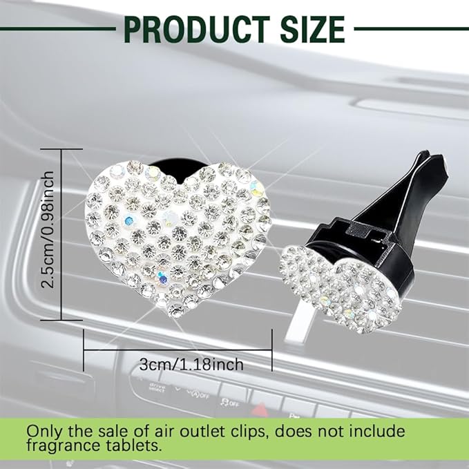 2PCS Bling Heart Air Vent Clips, Heart Car Accessories, Bling Heart Charm Air Conditioning Outlet Clip, Car Interior Decor Air Fresheners Vent Clips Universal Fit for Women and Girls (White)