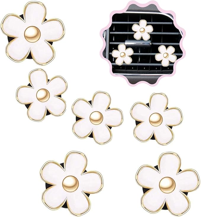 6 Pcs Daisy Flower Air Vent Clip Air Conditioning Outlet Clip Car Air Freshener Clip Car Interior Decor Charm Colorful Car Interior Accessories for Girls Women (White)