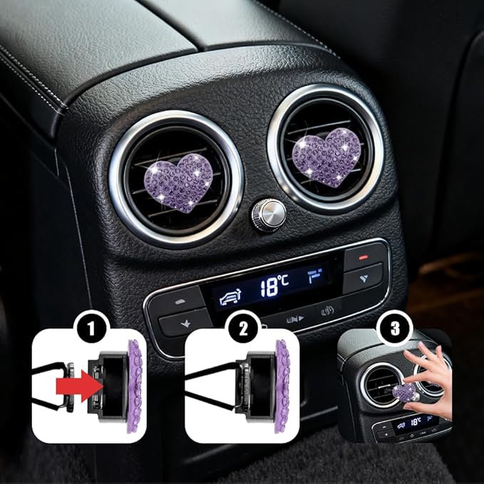 4PCS Heart-Shaped Car Vent Clip with Rhinestone, Vent Clip Car Accessories, Sparkly Rhinestone Bling Diamond Freshener Holder, Air Conditioning Outlet Ornament for Women Girls (Purple, Style1)