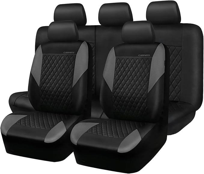 CAR PASS Quilting Leather Seat Covers Full Set,Universal Waterproof Deluxe PU Premium Car Seat Cover with 5mm Composite Sponge Inside,Airbag Compatible,Front and Rear Seat Cover for Sedan SUV Van,Gray