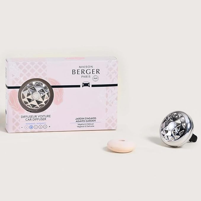 Maison Berger Car Diffuser Set – Refillable Vent Clip, Ceramic Refill, Made in France - Luxury Auto Scent - 4-Week Diffusion - Elegant Air Freshener for All Car Vents (Joy Agave Garden)