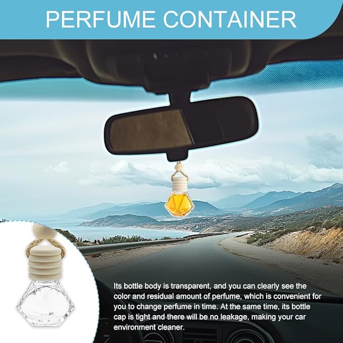 5PCS Hanging Car Air Freshener, Car Air Freshener Diffuser, 8ml Empty Glass Auto Oil Perfume Aromatherapy Diffuser Charms, Refillable Perfume Bottles for Most Vehicles (Rhombus, Style 1)