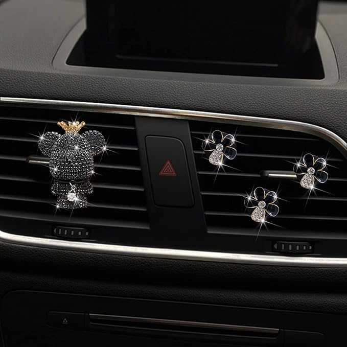 Black Daisy & Bear Air Vent Clips, 4 Pcs Bling Flower Car Air Fresheners Diamond Car Diffuser Car Interior Decor Charm Cute Car Accessories Car Decoration for Women + Cute Butterfly Mask Hook