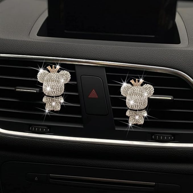 Bling Cute Diamond Bear Air Vent Clips Car Accessories,Shiny Crystal Bear Car Air Freshener Vent Clip,Rhinestone Car Decor Glitter Car Interior Interior Decoration，Holiday Gift for Boys Girls Friends Family (Silver 1 x Bear， 2 x Cute bling Hook)