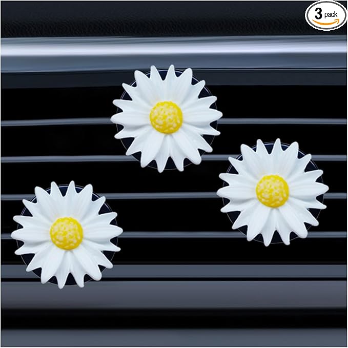 3PCS Daisy Flower Car Dashboard Air Vent Trim Clip, Cute Daisy Air Conditioner Outlet Clip Car Charm for Women, Car Air Vent Clip Auto Interior Decoration for Girls Present (White)