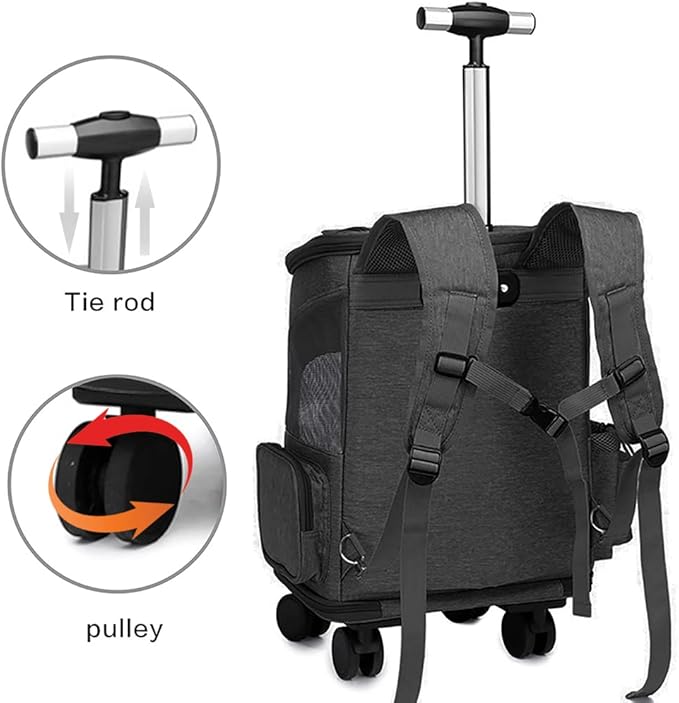 Wheeled Pet Carrier Backpack Pet Stroller, Travel Carrier, Car Seat for Small Dogs Cats Puppies, Comfort Cat Backpack Removable Rolling Wheels – Mesh Ventilation Windows (Black)