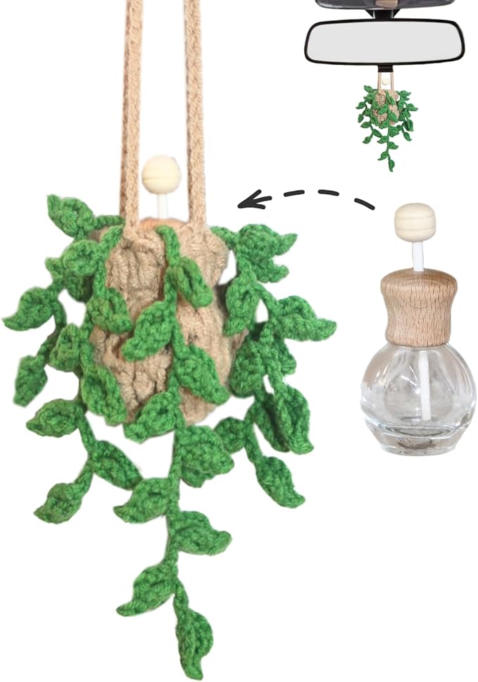Handmade Crochet Hanging Car Air Freshener,12ml Empty Refillable Oil Diffuser Bottle with Crochet Hanging succulents Plant for Car Rearview Mirror for Home, and Office Hanging Diffuser Decor