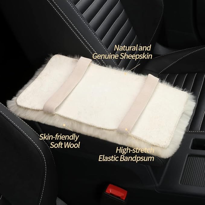 Sheepskin Armrest Cover Auto Center Armrest Cover Car Soft Console Pad, Fluffy Wool Auto Center Console Cover for Most Car Arm Rest Decoration Protector 7 x 13 Inch (Shearling, Pearl)