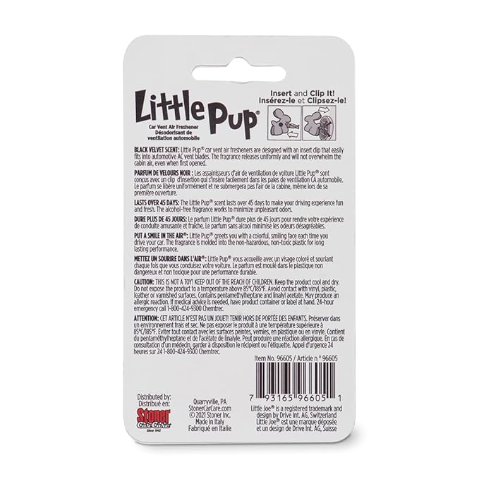 Little Pup 96605 Black Velvet Scent, Car Air Freshener, Clips to A/C Air Vent, Alcohol-Free Fragrance Oil, Non-Hazardous and Non-Toxic Plastic, Set of 1