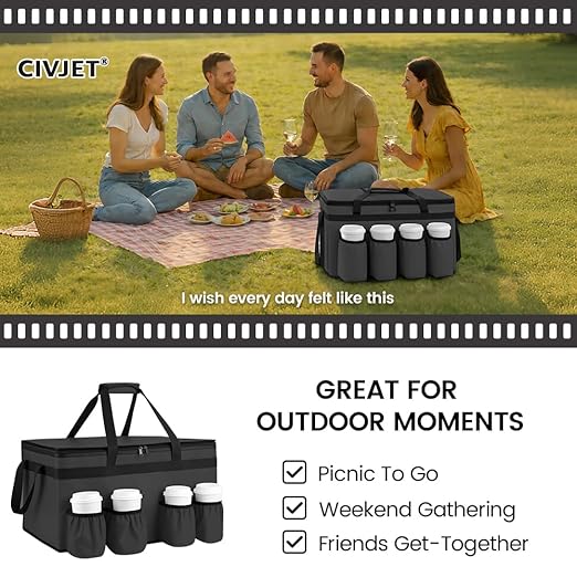 CIVJET Insulated Food Delivery Bag with 4 Cup Holders, XXX-Large Grocery Bags Keep Food Hot/Cold, Catering Cooler Bags with Drink Carrier, Commercial Food Warmer for Transport & Shopping, Black
