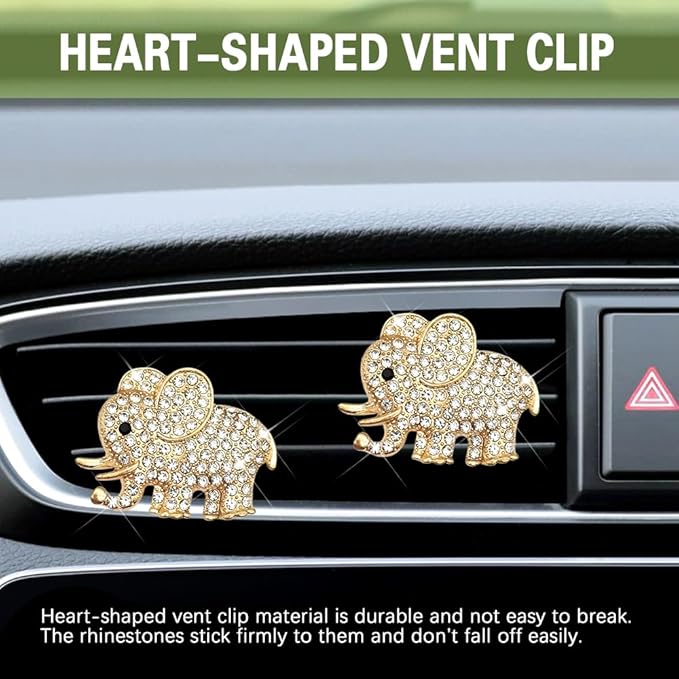 2PCS Car Air Vent Clip, Car Vent Accessories, Crystal Elephant Car Air Fresheners Vent Clips, Rhinestone Air Conditioning Outlet Clip Interior Decoration Universal for Women and Girls (Gold)