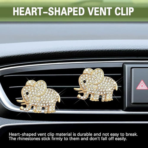 2PCS Car Air Vent Clip, Car Vent Accessories, Crystal Elephant Car Air Fresheners Vent Clips, Rhinestone Air Conditioning Outlet Clip Interior Decoration Universal for Women and Girls (Gold)