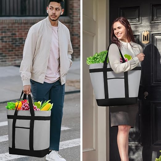 CIVJET 2PK Insulated Grocery Tote Bags, Large Reusable Cooler Bags with Zipper, Leakproof Thermal Shopping Bags for Food Delivery, Beach, Travel, Uber Eats & Picnic, Collapsible Personalized