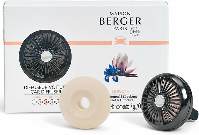 Maison Berger Car Diffuser Set – Refillable Vent Clip, Ceramic Refill, Made in France - Luxury Auto Scent - 4-Week Diffusion - Elegant Air Freshener for All Car Vents (Liliflora)