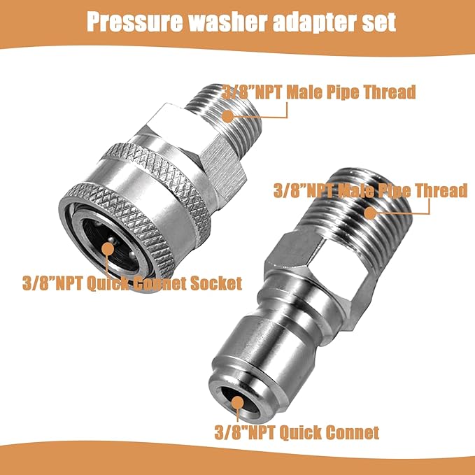 4 Sets NPT 3/8 Inch Pressure Washer Coupler Quick Connect Plug Stainless Steel Male and Female Quick Connect Fittings Pressure Washer Adapter Set (Internal Thread, External Thread)