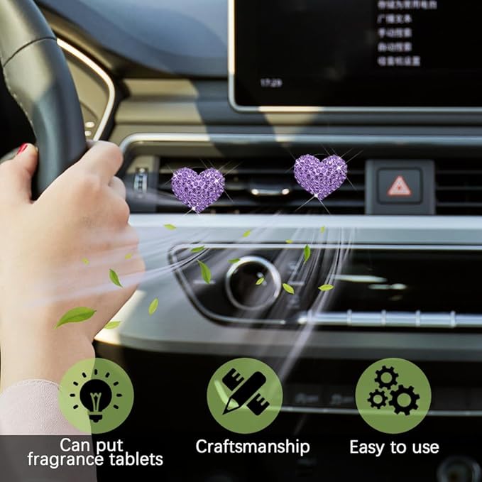 2PCS Bling Heart Air Vent Clips, Heart Car Accessories, Bling Heart Charm Air Conditioning Outlet Clip, Car Interior Decor Air Fresheners Vent Clips Universal Fit for Women and Girls (Purple)