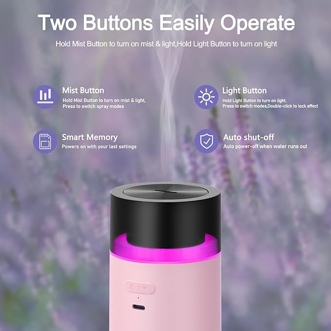 HODEMI Cordless Diffuser for Essential Oil,Portable Cool Mist Aromatherapy Car Diffuser,Built-in 3000mAH Rechargeable Battery,4/8 Timer Modes, Auto On/Off with Car,for Home,Office,Travel (Pink)