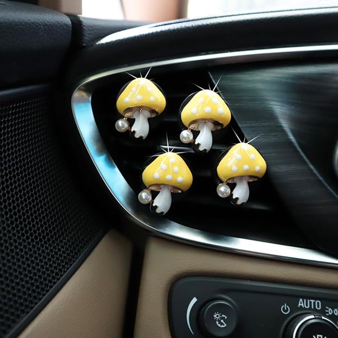 Cute Mushroom Car Air Freshener Vent Clips,4pcs Yellow Mushroom Refillable Car Air Freshener Decorative Clips Car Diffuser,Providing Bloom Car Scent