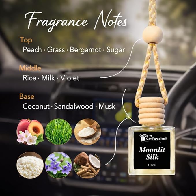 Moonlit Silk Car Freshener Set – Wooden Lid Hanging Air Freshener for Car Mirror, Multi-Use Home & Auto Fragrance Diffuser, 10 ml Bottles, 3 Pack – Soft Luxury Scent