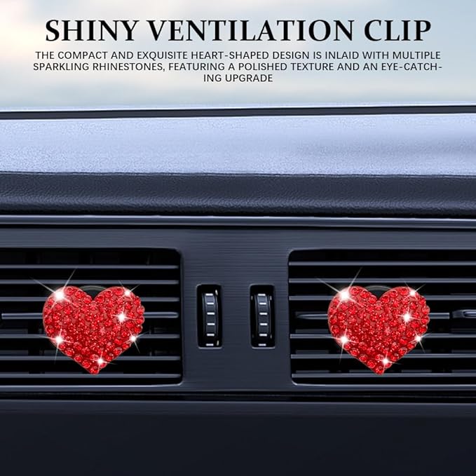 4PCS Heart-Shaped Car Vent Clip with Rhinestone, Vent Clip Car Accessories, Sparkly Rhinestone Bling Diamond Freshener Holder, Air Conditioning Outlet Ornament for Women Girls (Red, Style1)
