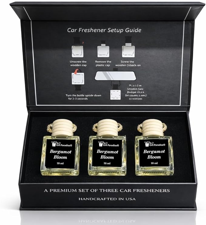 Gift Paradise® Luxury Bergamot Bloom Car Air Freshener Set of 3(10 ml) Hanging Glass Diffusers with wooden Cap, Citrus Floral Fragrance for Car, Home & Office, Long-Lasting – Premium Magnetic Gift Box