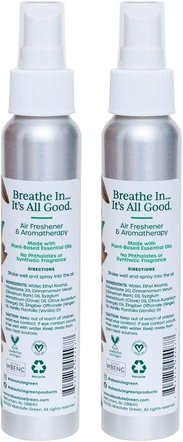 Absolute Green Air Freshener Room Spray, Non-Toxic, Cover Odors, Safe around Kids and Pets, Natural Ginger Spice Scent 4oz (Pack of 2)