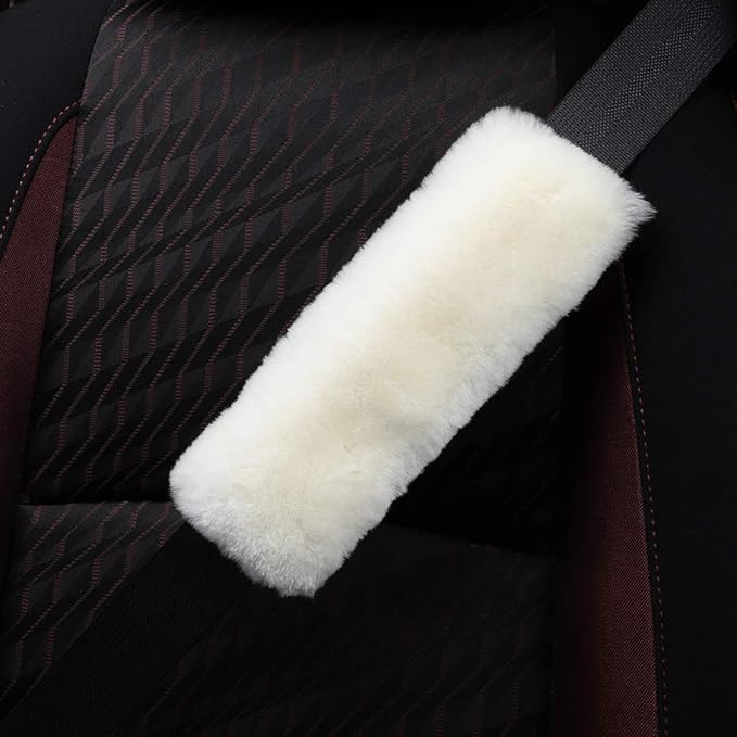 OGLAND 2 Pack Natural Fur Comfort Auto Authentic Sheepskin Car Seat Belt Pads for Adults, Soft Texture Shoulder Neck Cushion Pad Protector, Genuine Australia Merino Wool Cover (Cream White)