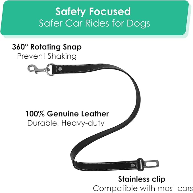 Genuine Leather Dog seat Belt for car, Safe Distraction Free Driving, Heavy-Duty Design with Military Grade Hardware, Harness for Small, Medium and Large Pets (Black, 30")