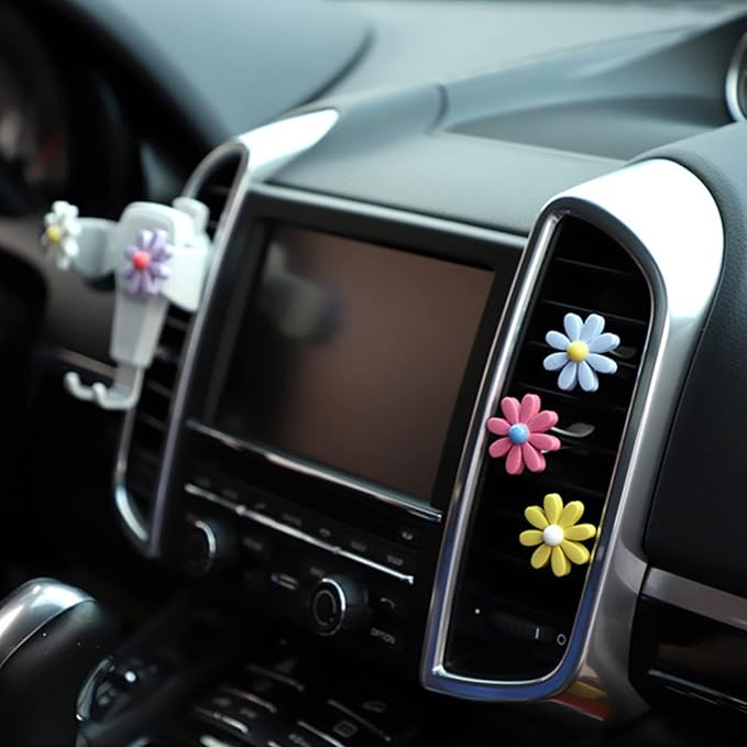 4 Pieces Daisy Flower Air Vent Clips, Cute Colorful Car Air Freshener Clip & Diffuser, Boho SUV Outlet Vent Decorations, Charm Car Inter Decor Accessories for Girls Women