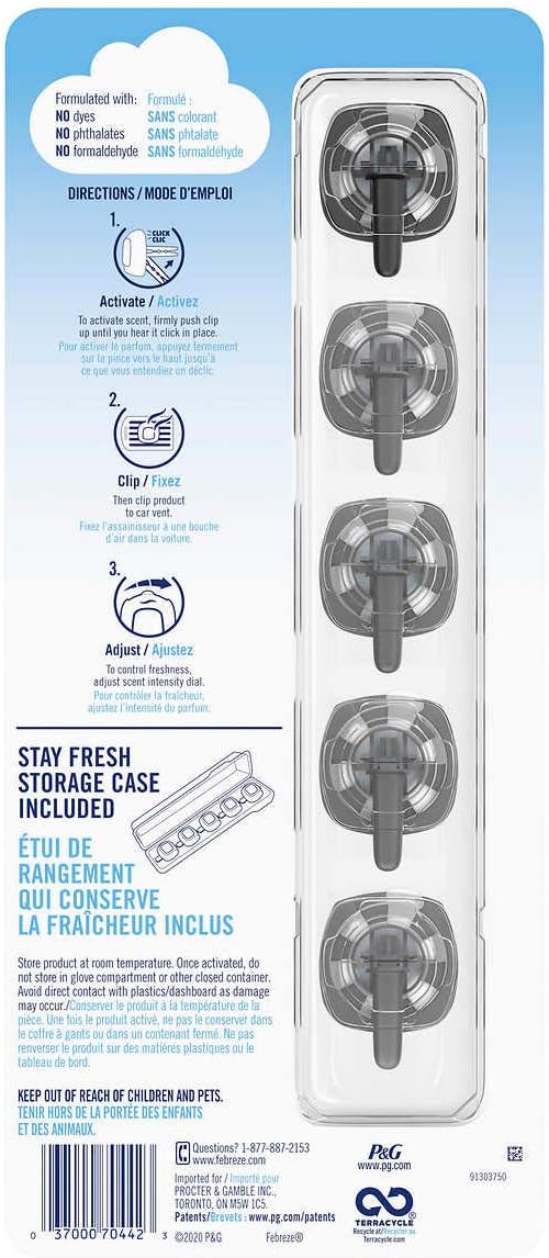 Febreze Car Air Freshener 5 Count Platinum, Linen & Sky, Gain Original Vent Clips