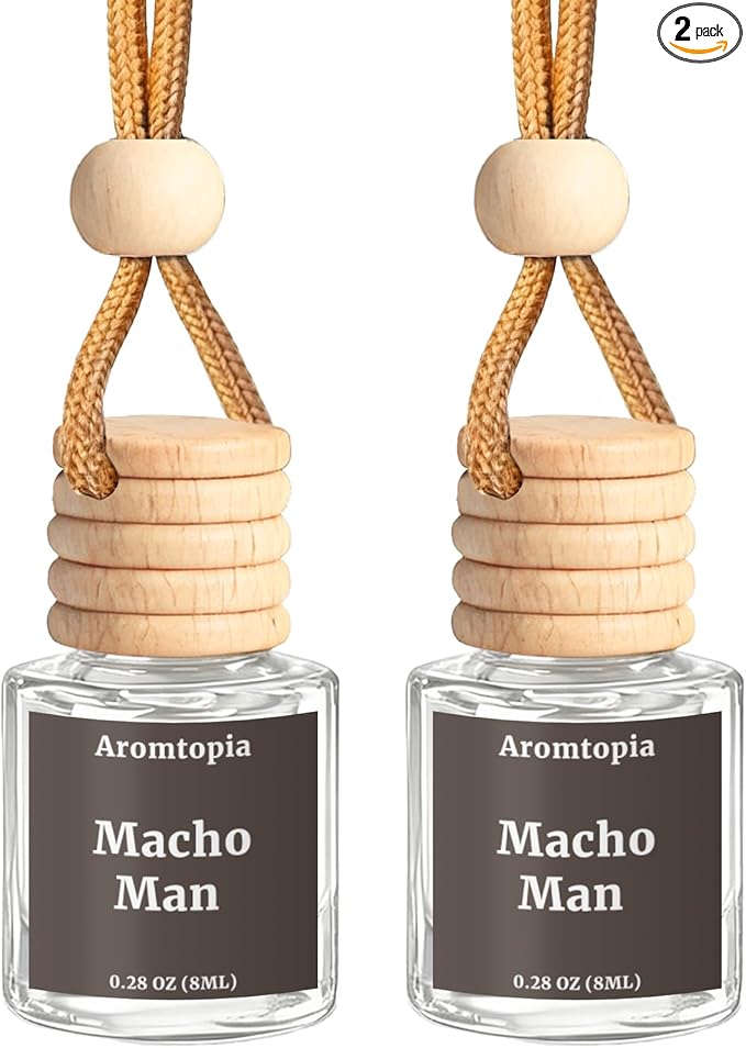 Hanging Car Air Fresheners, Aromtopia Bold Masculine Woody Fragrance for Car Diffuser, Rear View Mirror Accessories, Small Gift for Men (Macho Man), Pack of 2