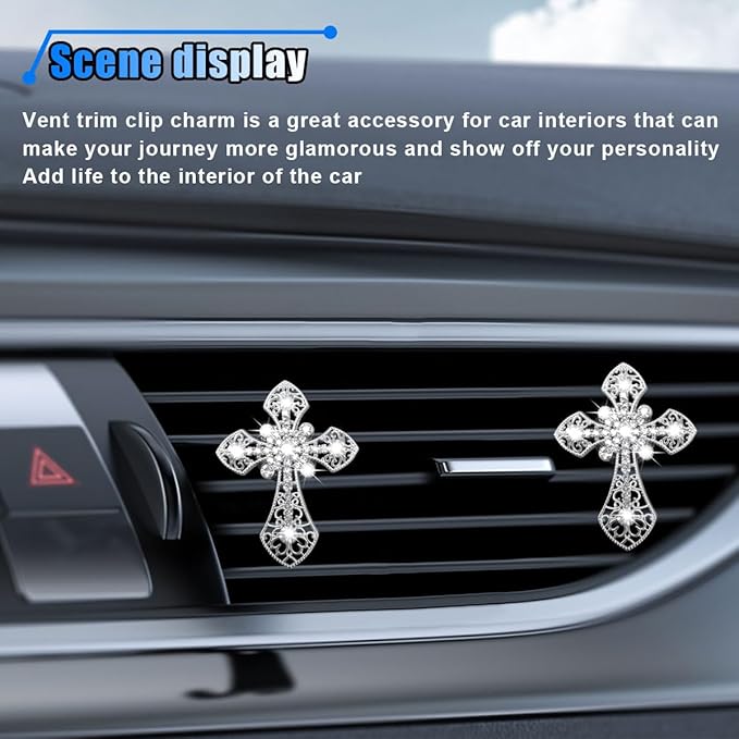 Bling Car Dashboard Air Vent Trim Clips, Crystal Rhinestone Air Vent Clips, Car Interior Decoration Accessories, Cross Air Conditioning Outlet Clip for Women Girls (Silver, 2PCS)