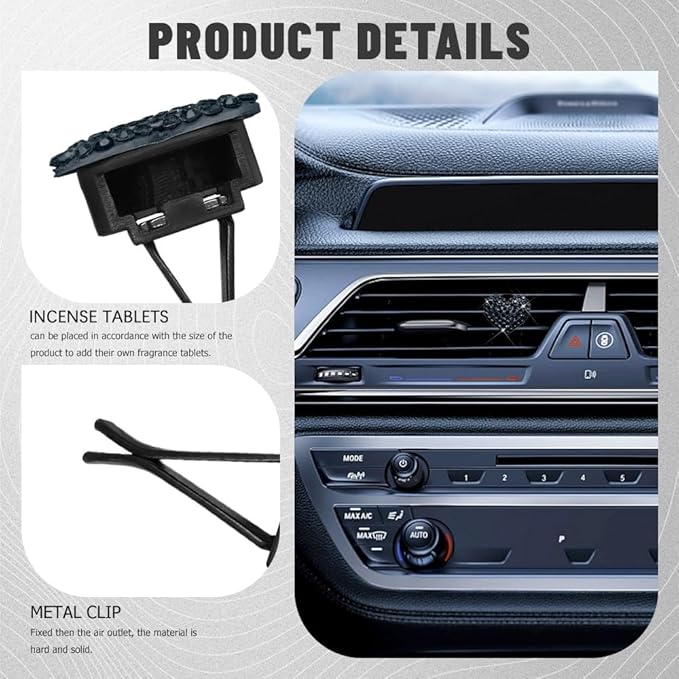 2PCS Bling Heart Air Vent Clips, Heart Shaped Crystal Air Freshener Vent Clips, Rhinestone Air Conditioning Outlet Clip, Universal Interior Decor Car Accessories for Women Girl (Black)