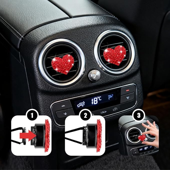 4PCS Heart-Shaped Car Vent Clip with Rhinestone, Vent Clip Car Accessories, Sparkly Rhinestone Bling Diamond Freshener Holder, Air Conditioning Outlet Ornament for Women Girls (Red, Style1)