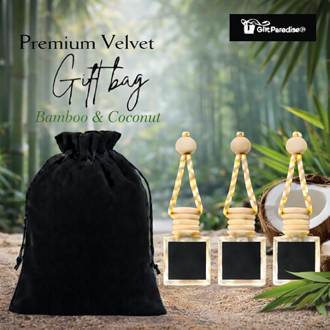 Gift Paradise® Bamboo & Coconut Car Air Freshener – Set of 3 (10 ml Each) – Long-Lasting Hanging Aromatherapy Diffuser for Car, Closet & Office – Clean Spa Scent – Velvet Gift Bag Included