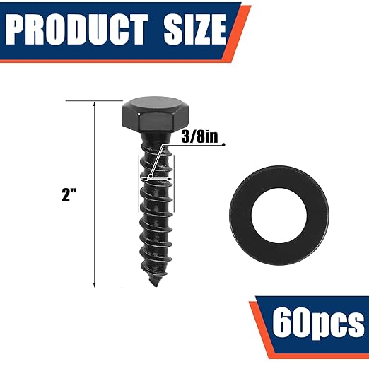 Tandefio 60 Pack 3/8''x 2'' Ceramic Black Lag Screw Kit with Washers Hex Lag Bolts Wood Screws Heavy Duty Hot Dip Galvanized Double Layer for Wood Decks Fences