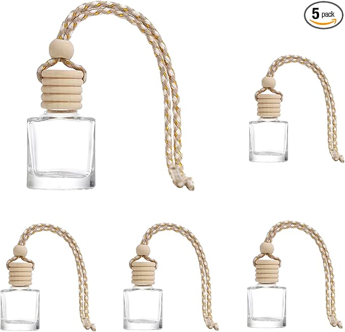 5PCS Car Air Freshener, Hanging Air Freshener Diffuser, Empty Glass Perfume Bottle, Diffuser Oil Aromatherapy Fragrance Perfume Vials with Wooden Caps and Hanging String