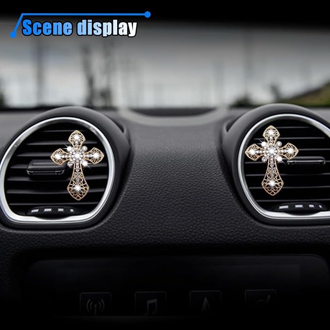 Bling Car Dashboard Air Vent Trim Clips, Crystal Rhinestone Air Vent Clips, Car Interior Decoration Accessories, Cross Air Conditioning Outlet Clip for Women Girls (Gold, 2PCS)