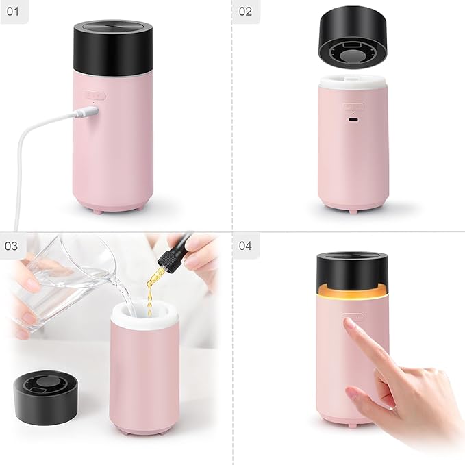 HODEMI Cordless Diffuser for Essential Oil,Portable Cool Mist Aromatherapy Car Diffuser,Built-in 3000mAH Rechargeable Battery,4/8 Timer Modes, Auto On/Off with Car,for Home,Office,Travel (Pink)