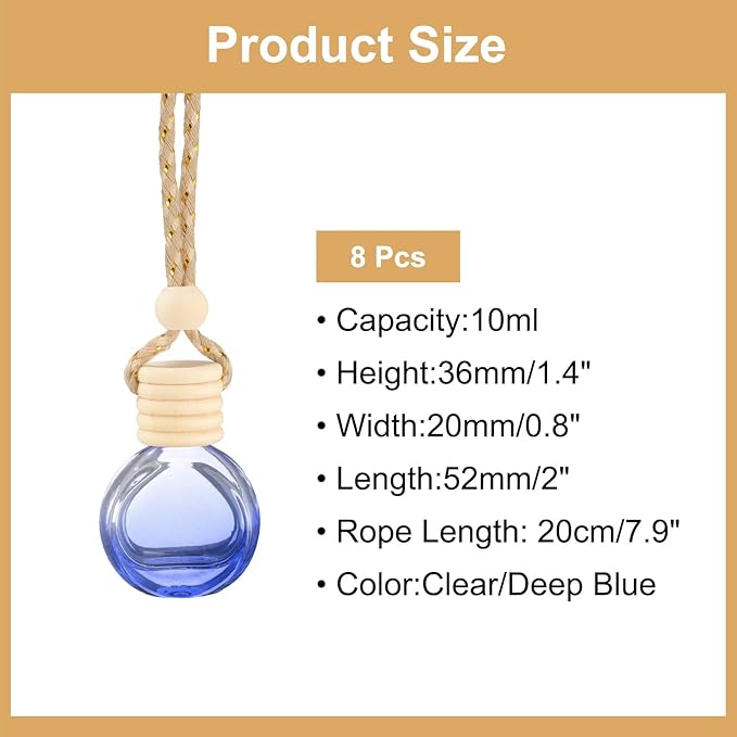 uxcell 8pcs Hanging Car Air Freshener Perfume Bottle, 10ml Pendant Empty Clear/Deep Blue Glass Essential Oil Aromatherapy Diffuser with Wooden Cap for Car Decor (Clear/Deep Blue, Round)