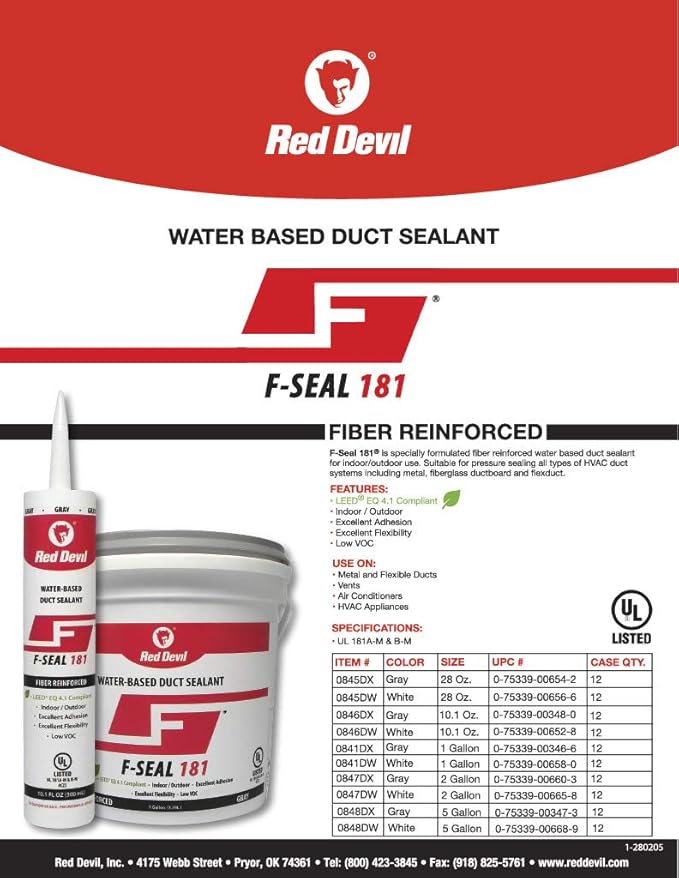 Red Devil 0841DW F-Seal 181 Fiber Reinforced Water Based Duct Sealant, 1 Gallon, White, 2 Pack