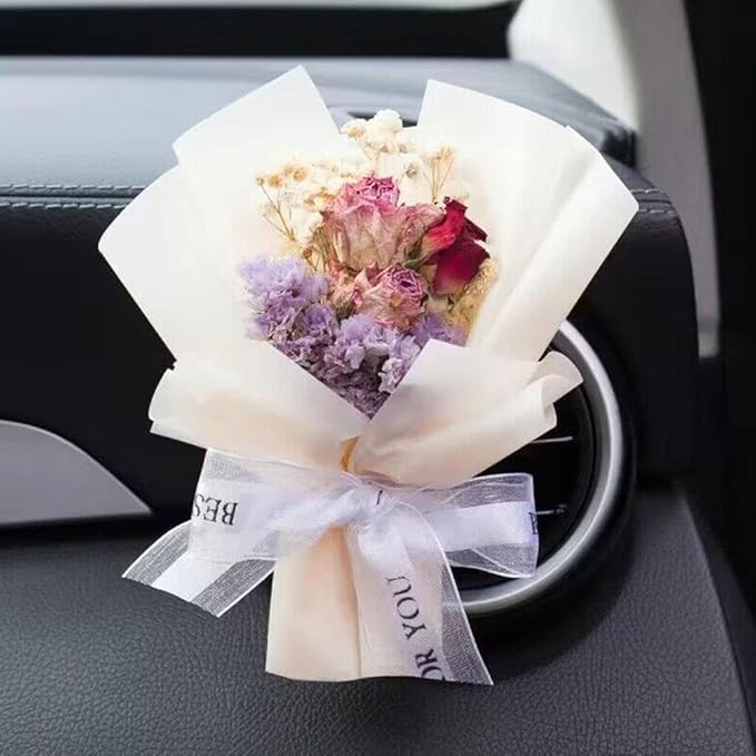 Small Bouquet Car Air Freshener Vent Clips, Mini Dried Flower Bouquet,Cute Vehicle Interior Decorations Universal for Truck SUV Dashboard,Interior Accessories (J, 1set)