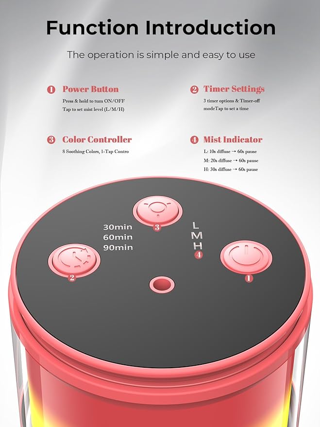 Waterless Diffuser for Essential Oil: Mini Battery Scent Diffuser for Room&Home&Car with 9 Colors LED Light - Aroma Cool Mist Machine Bright Red