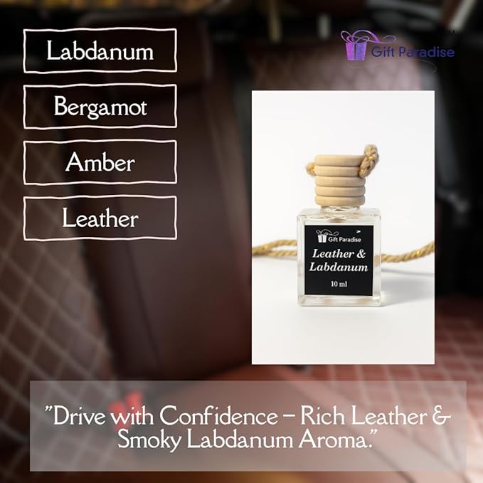 Luxury Leather Car Air Fresheners – Set of 3 | Labdanum & New Car Scent | Non-Toxic Essential Oils | Long-Lasting 135 Days | 10ml Each | velvet gift bag included