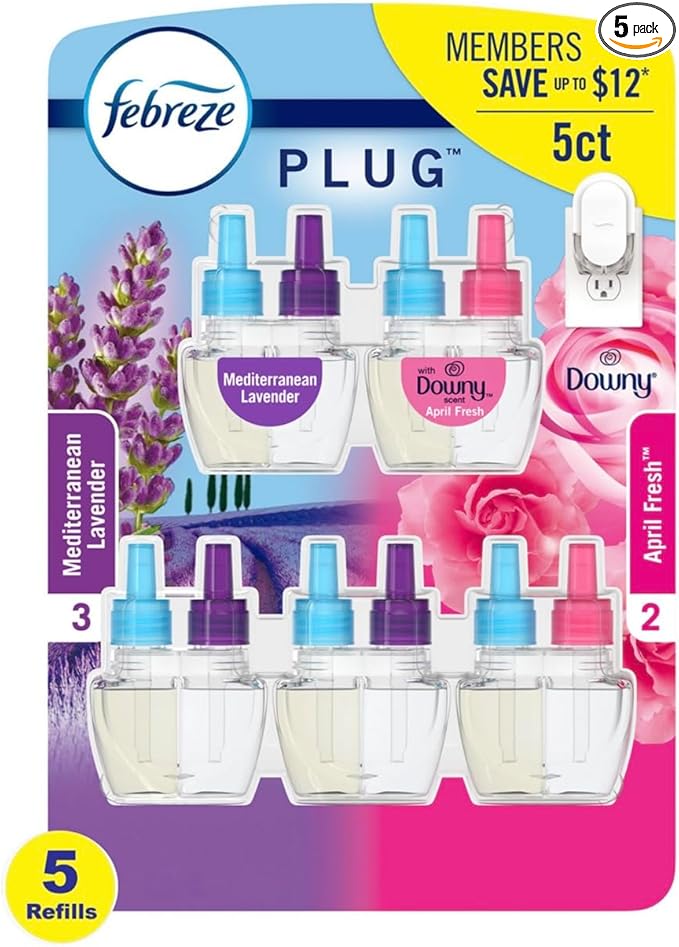 Febreze Plug in Air Fresheners, Mediterranean Lavender, + April Downy, Odor Eliminator for Strong Odors 5 Oil Refills