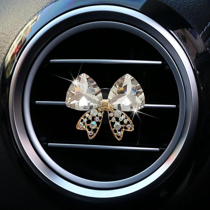 4 Pcs Bling Diamond Crystal Bow Vent Clips Car Interior Air Fresheners Automotive Rhinestone Decoration Adapt for Women and Girl (White)